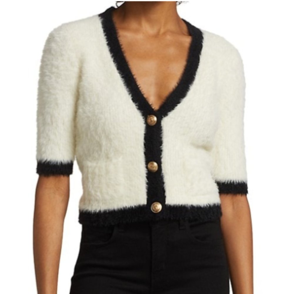 L'Agence Susie Black and White Soft Fuzzy Cardigan Sweater